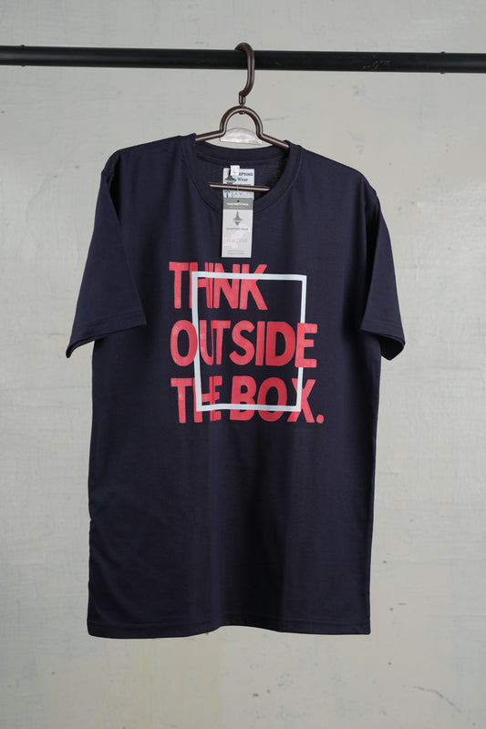 Illustration of a navy blue Inceptors Wear T-shirt featuring a bold red 'Think Outside the Box' graphic design in a creative, modern style
