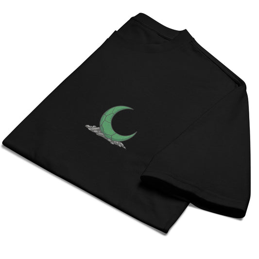 Black t-shirt with a green crescent moon and feather design on a white background